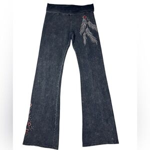 Women’s Black Acid Wash Flare Pants with Floral Embroidery Size L